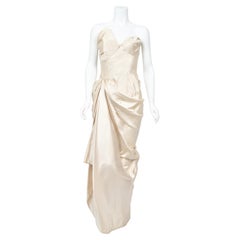 Used 1949 Jeanne Lanvin Haute Couture Ivory Silk Satin Strapless Draped Bridal Gown 