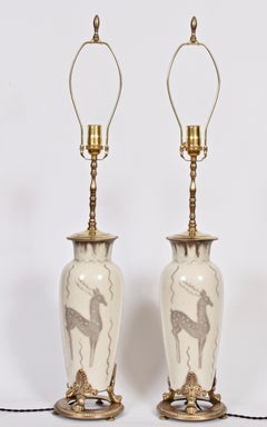 Monumental Pair of Loretta Holtkamp for Rookwood Pottery "Stag" Table Lamps 1949