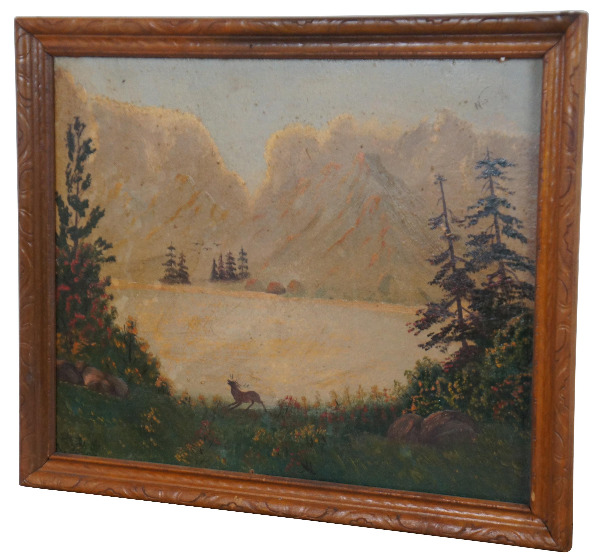 Peinture à l'huile sur carton du milieu du siècle de Nan Rogers représentant un lac entouré de montagnes et d'arbres avec un cerf au centre. Signé dans le coin supérieur droit. Circa 1949.

Mesures : 22.5