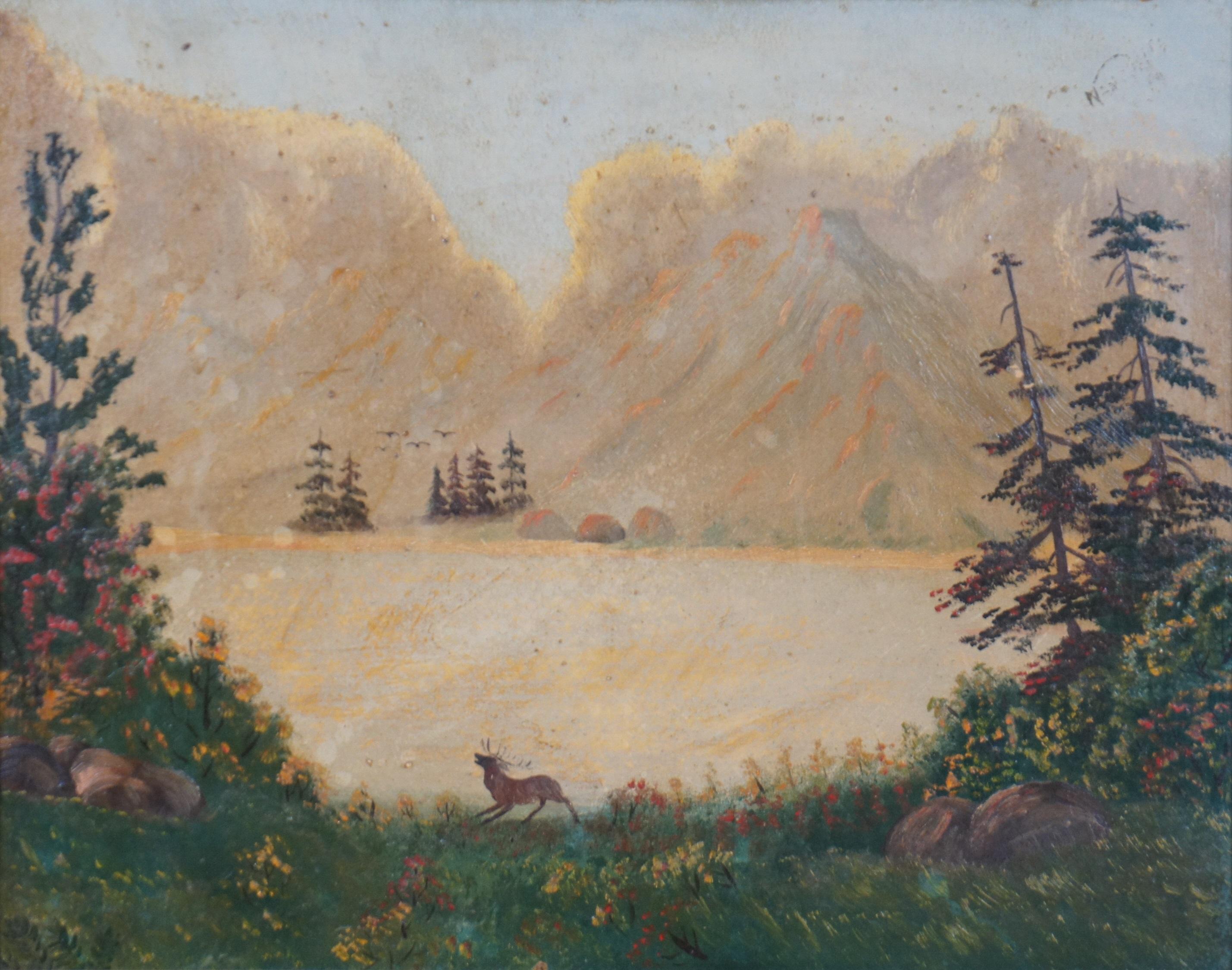 Peinture à l'huile sur panneau de Nan Rogers, paysage de lac de Buck Mountain avec cerf-volant, 1949 1