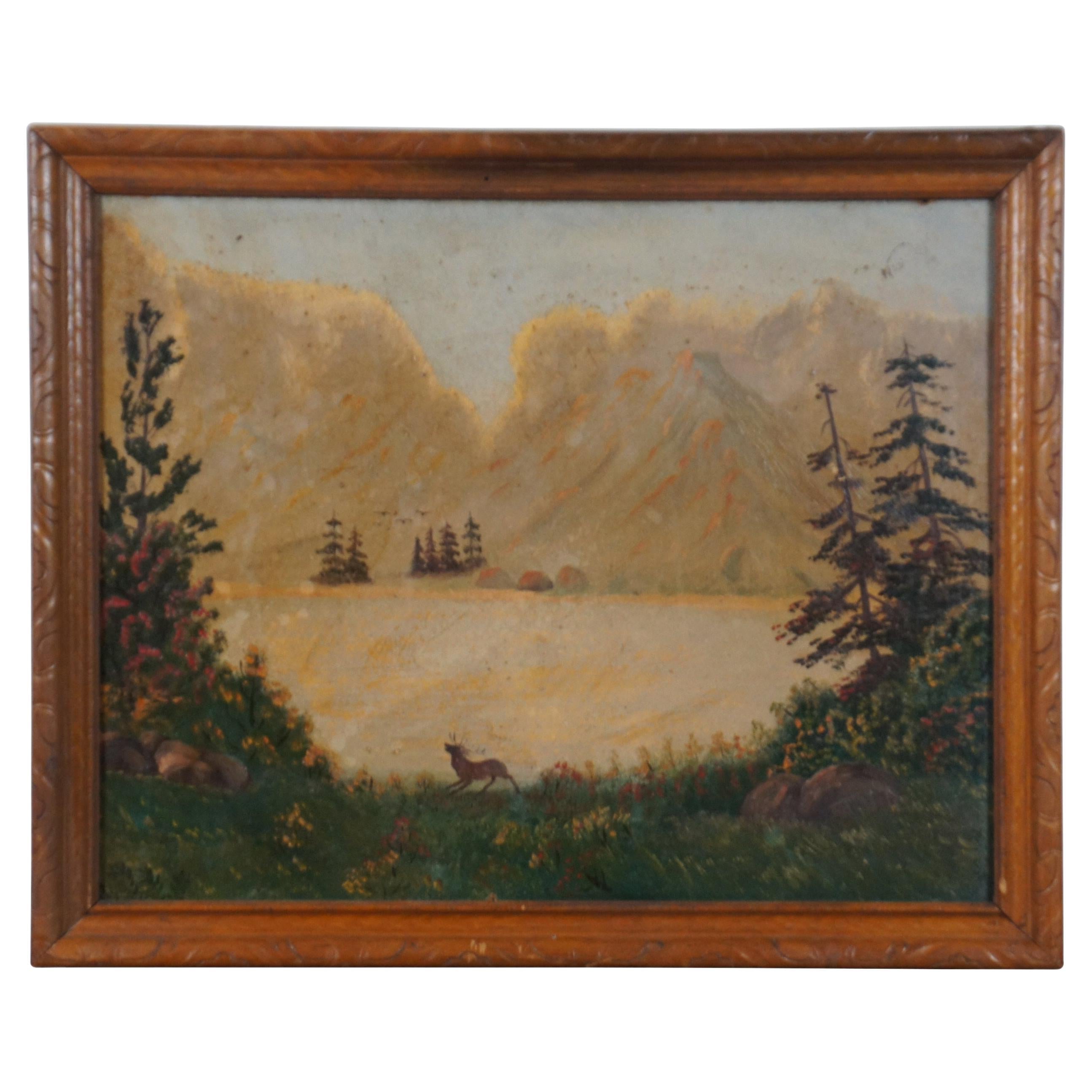 1949, Nan Rogers Oil Painting on Board Stag Buck Mountain Lake Landscape