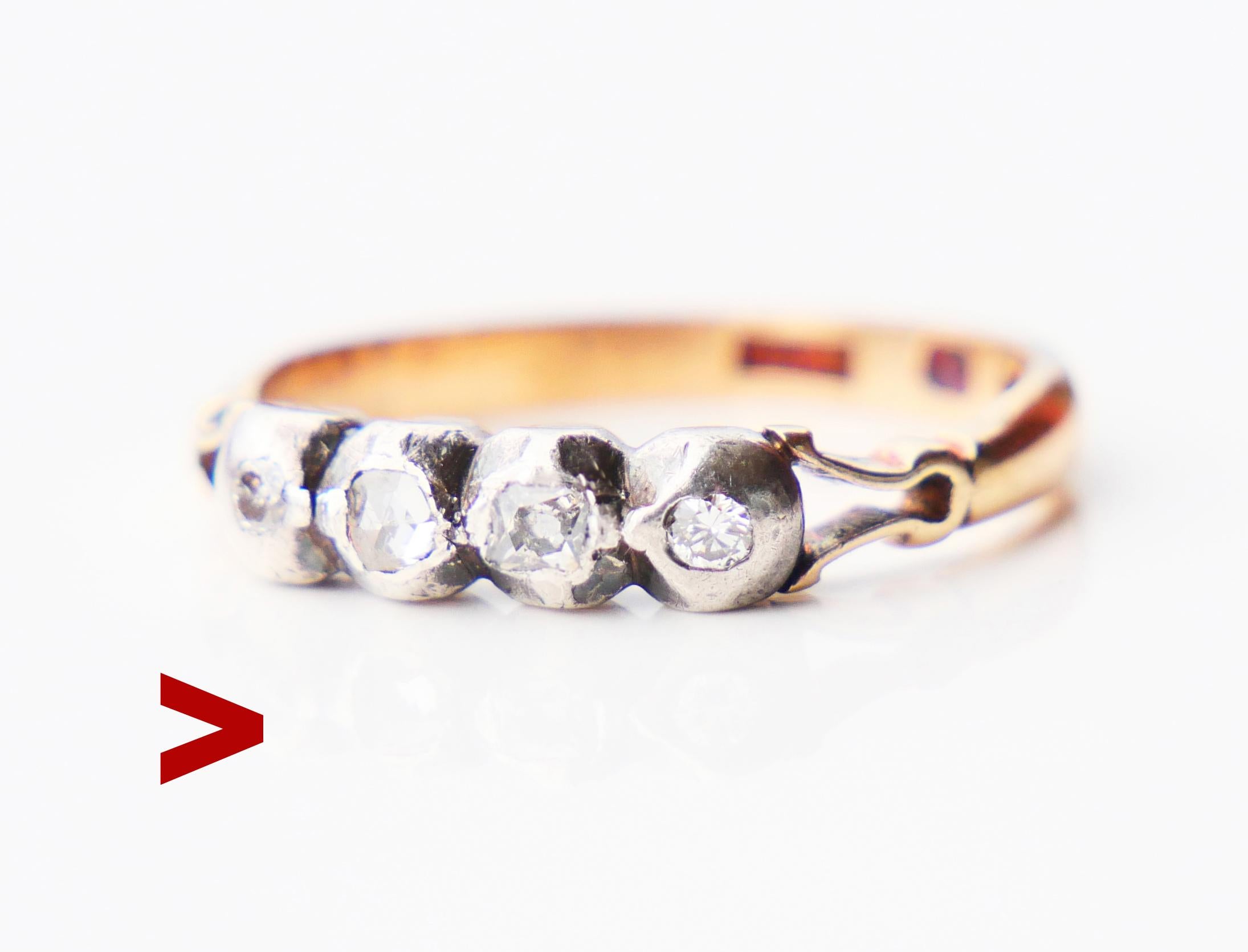 Anello con fascia in oro massiccio arancione 18 carati e corona in argento decorata con un mix di quattro diamanti naturali antichi e taglio rosa. Punzoni svedesi, 18 carati. Prodotto nel 1949 (combinazione Y8)

Tutte le pietre hanno il retro