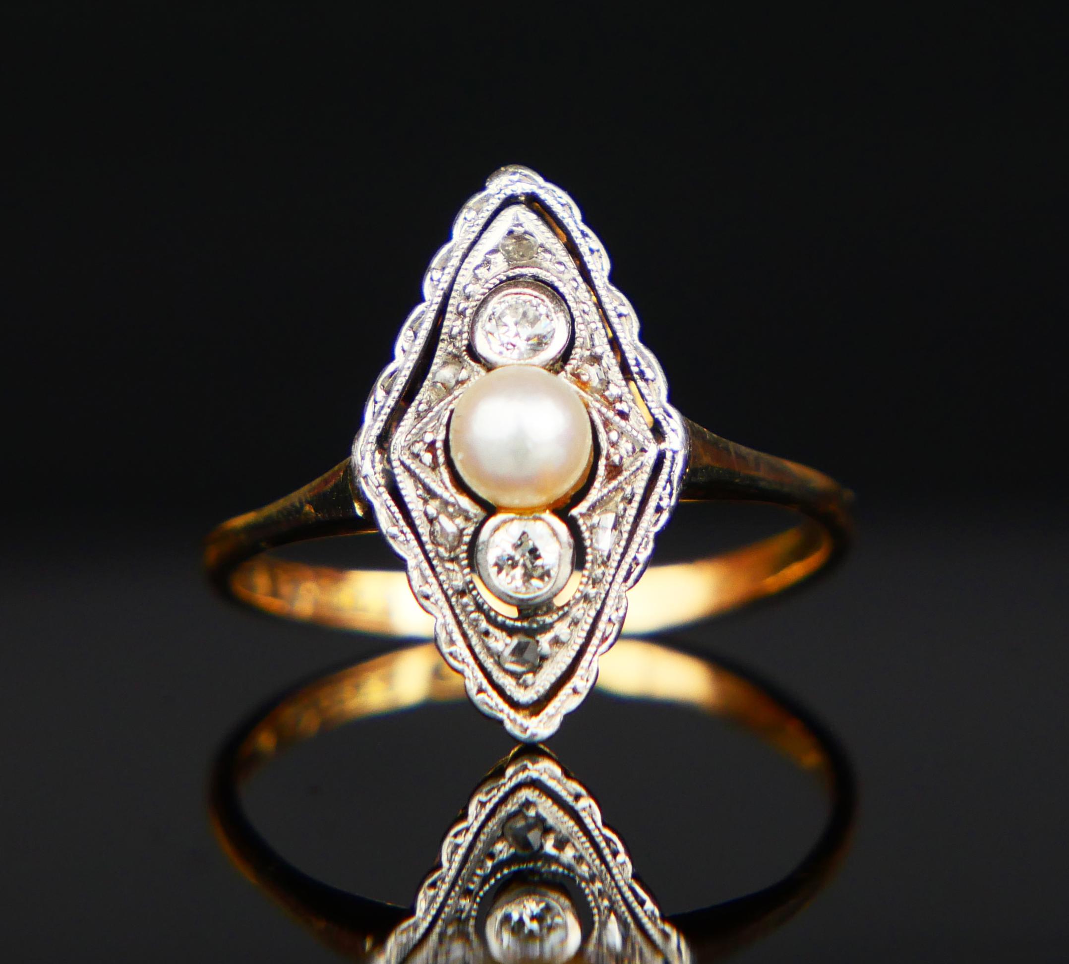 1949 Ring Pearl Diamonds solid 18K Gold Platinum Ø US5 / 2gr For Sale 6