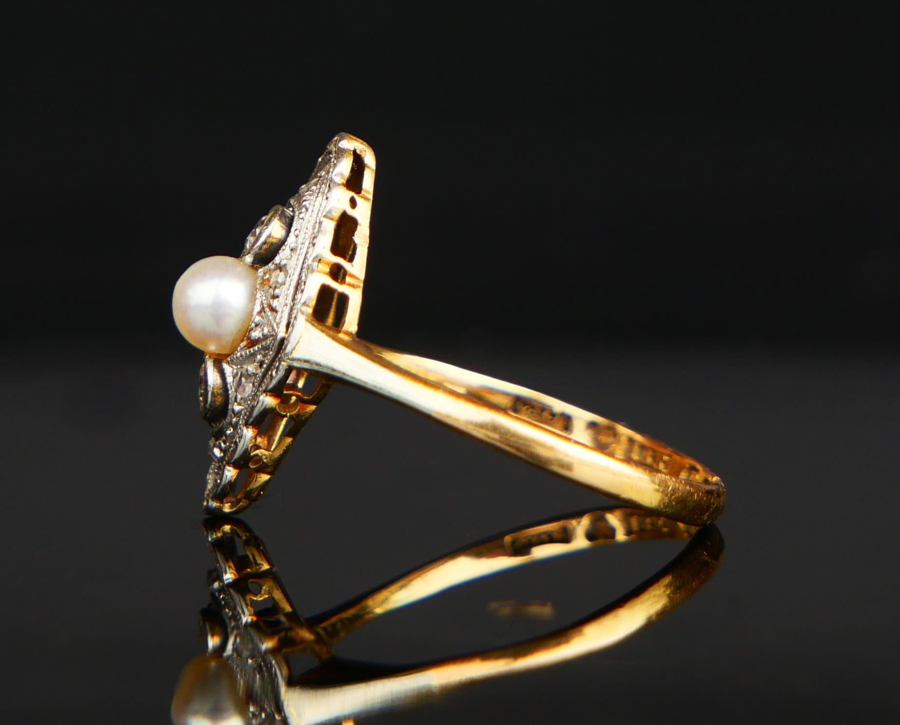 1949 Ring Pearl Diamonds solid 18K Gold Platinum Ø US5 / 2gr For Sale 9