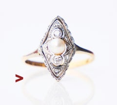 1949 Ring Pearl Diamonds solid 18K Gold Platinum Ø US5 / 2gr