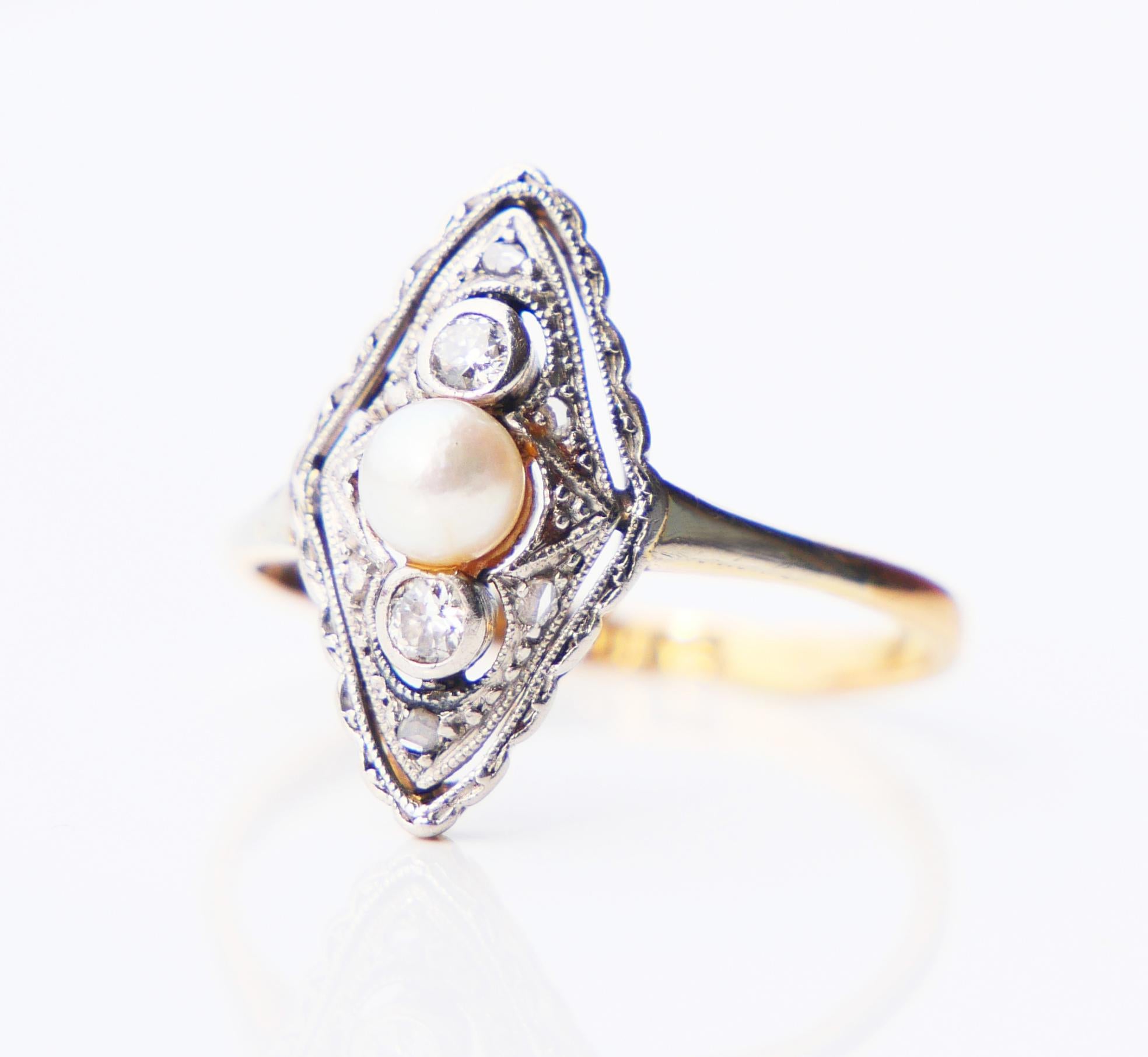 Art Deco 1949 Ring Pearl Diamonds solid 18K Gold Platinum Ø US5 / 2gr For Sale