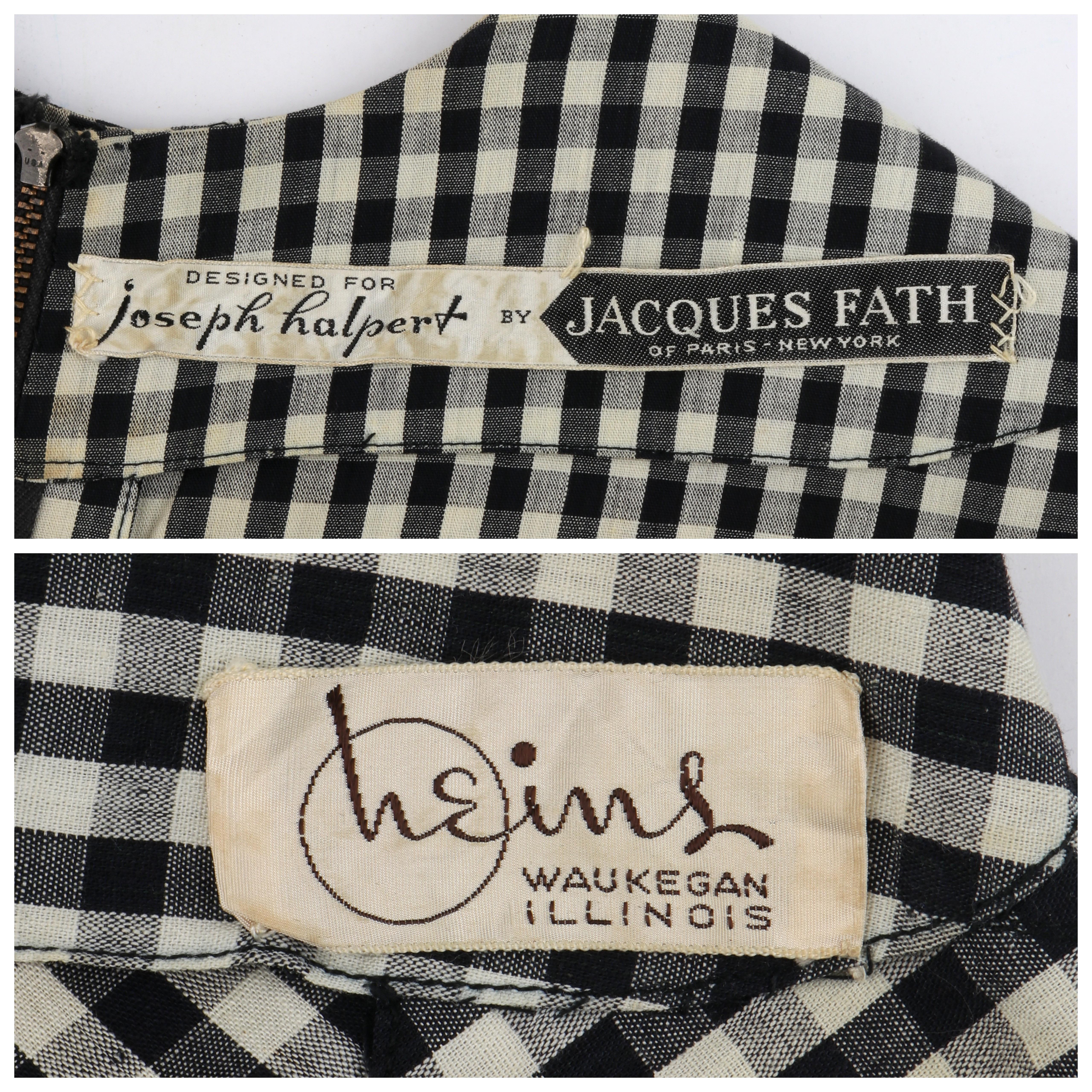 1949 S/S JACQUES FATH Schwarz & Weiß Gingham Fächerrücken Schößchen Nachmittagskleid im Angebot 5