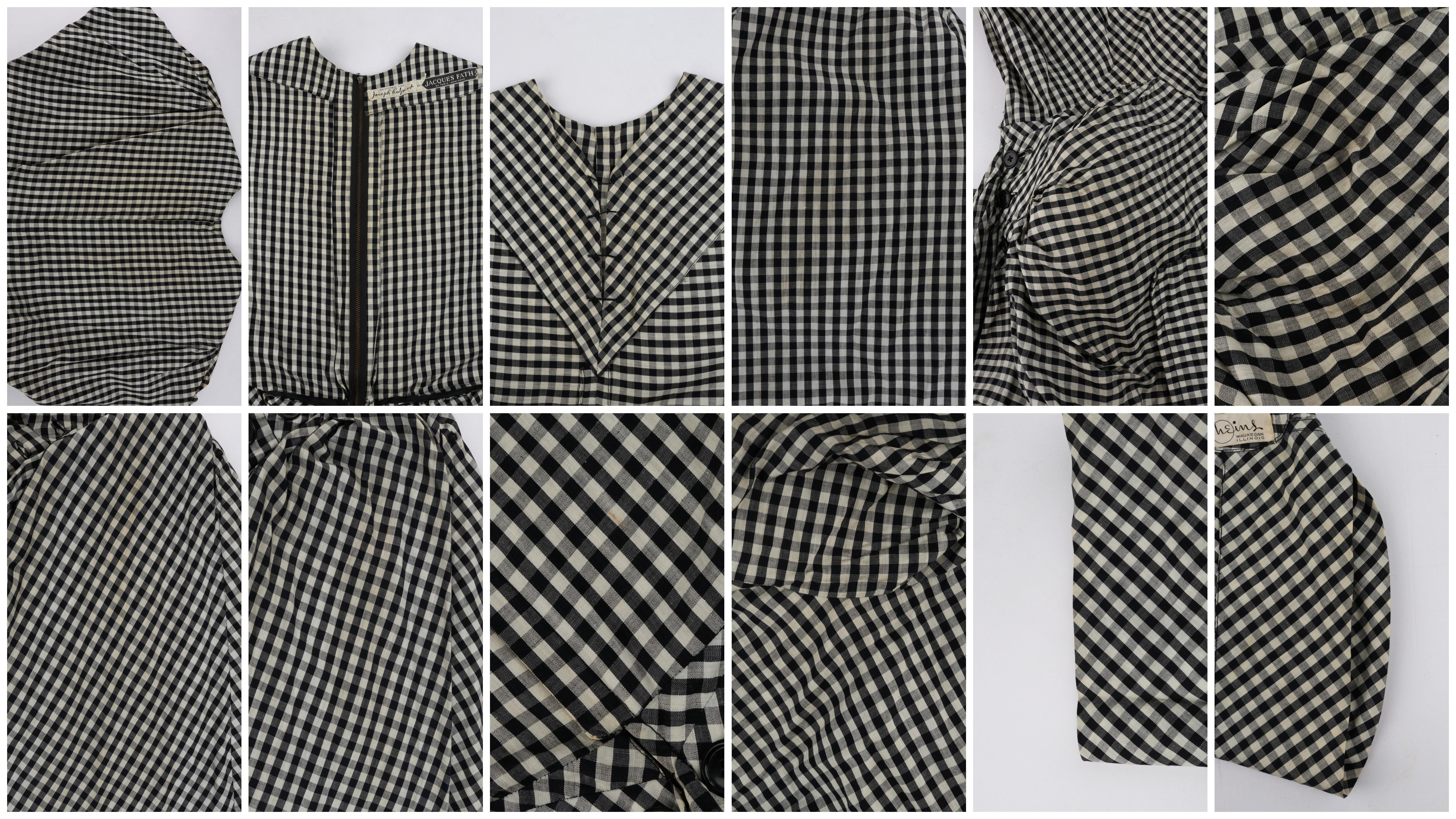 1949 S/S JACQUES FATH Schwarz & Weiß Gingham Fächerrücken Schößchen Nachmittagskleid im Angebot 7