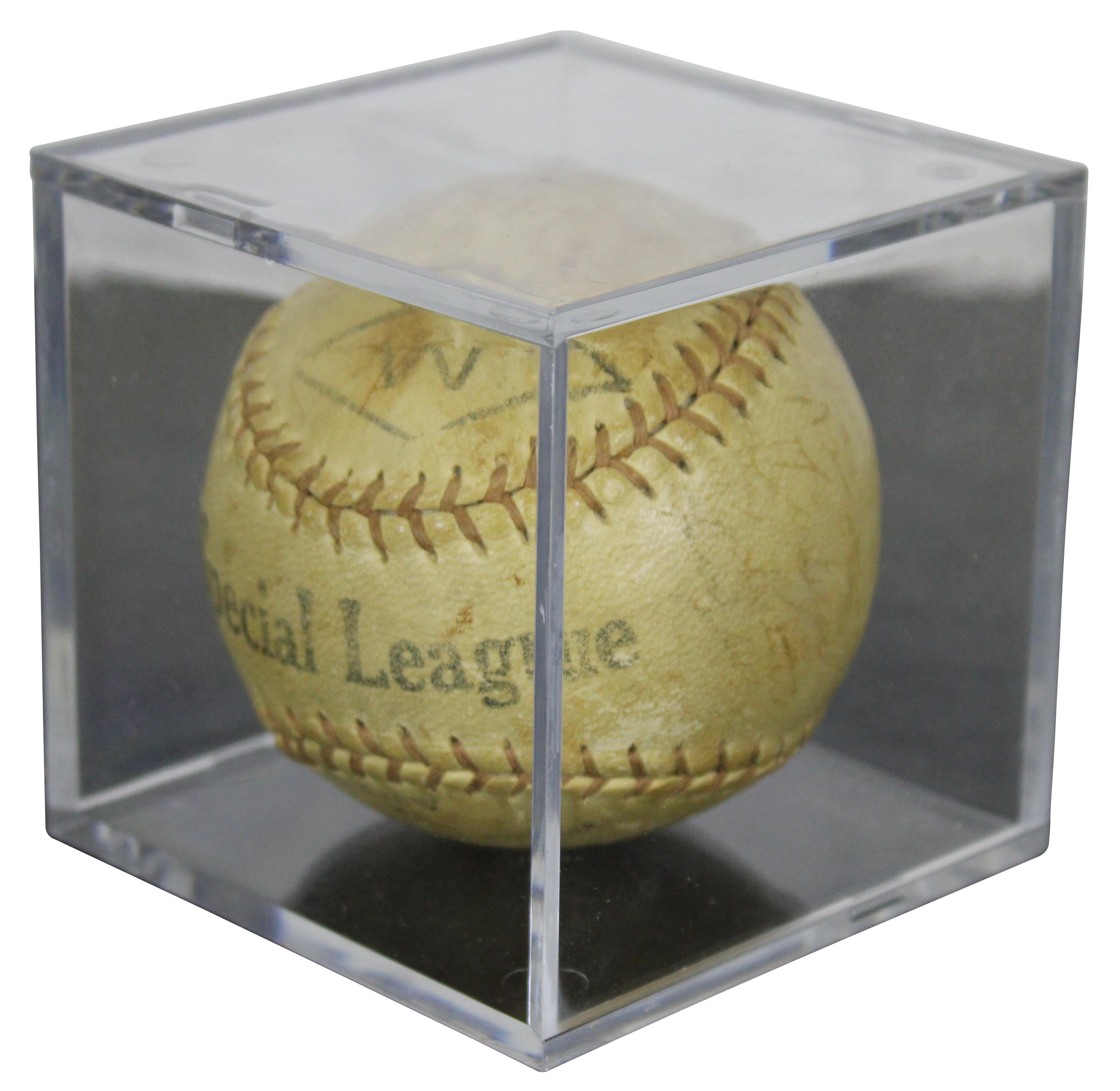 Vintage Special League S48W horsehide baseball signed by members of the 1949 Cleveland Indians baseball team. Ball includes approximately 26 signatures (some are extremely faded). Identifyable names include: Satchel Paige, Mickey Vernon, Jim Hegan,