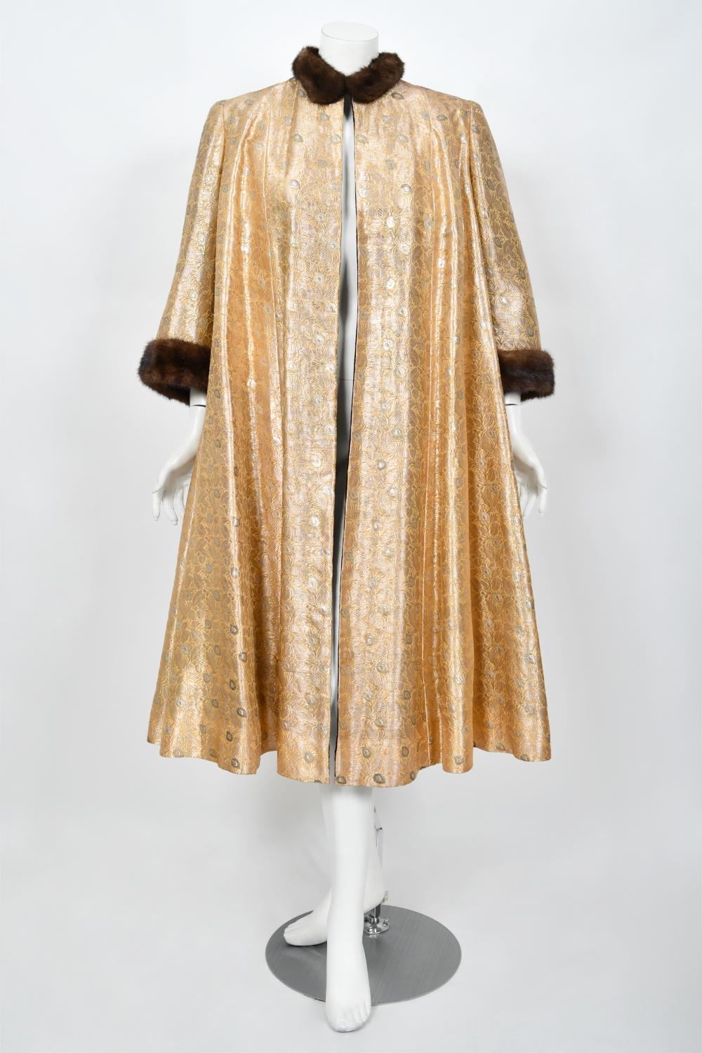 1949 Traina-Norell Couture Vogue Documented Metallic Gold Silk & Mink Swing Coat For Sale 7