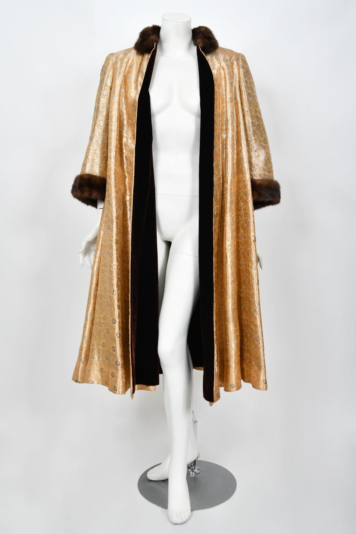 1949 Traina-Norell Couture Vogue Documented Metallic Gold Silk & Mink Swing Coat For Sale 8