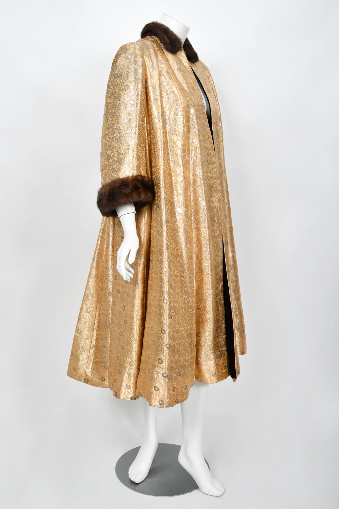 1949 Traina-Norell Couture Vogue Documented Metallic Gold Silk & Mink Swing Coat For Sale 9