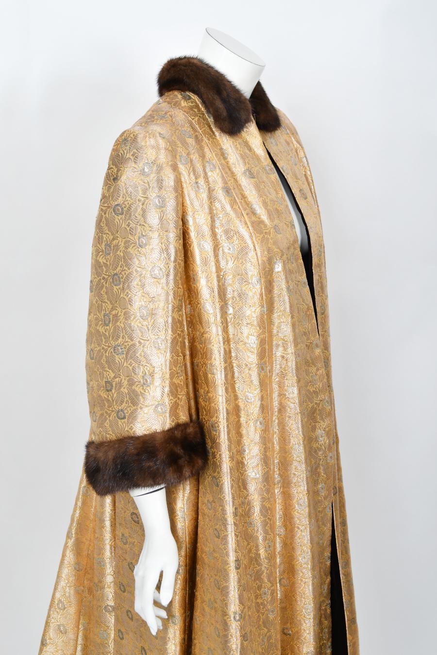 1949 Traina-Norell Couture Vogue Documented Metallic Gold Silk & Mink Swing Coat For Sale 10
