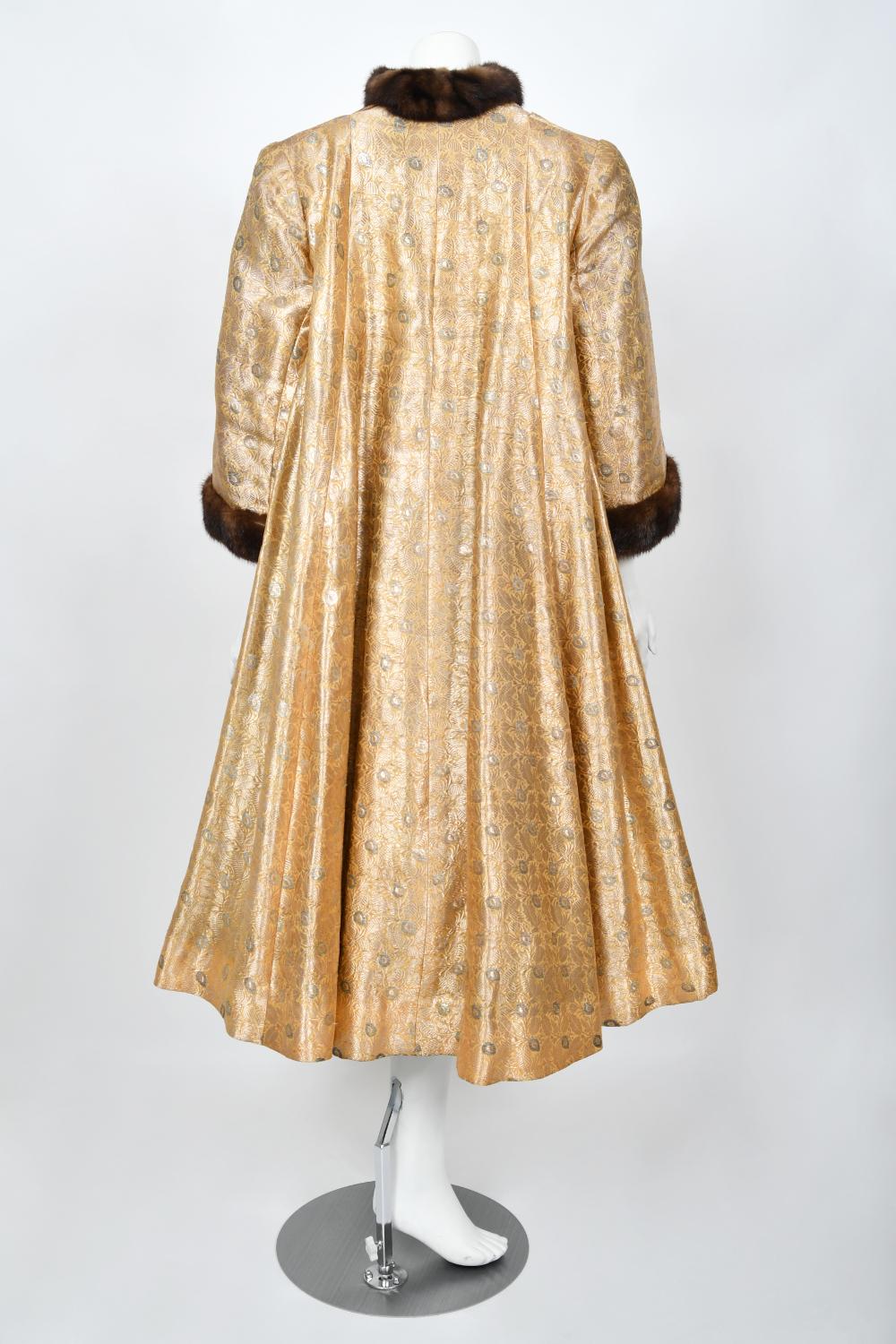1949 Traina-Norell Couture Vogue Documented Metallic Gold Silk & Mink Swing Coat For Sale 12