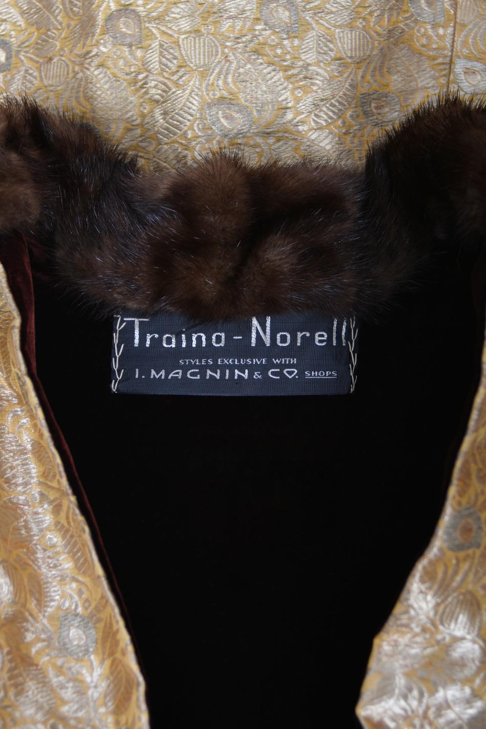 1949 Traina-Norell Couture Vogue Documented Metallic Gold Silk & Mink Swing Coat For Sale 14