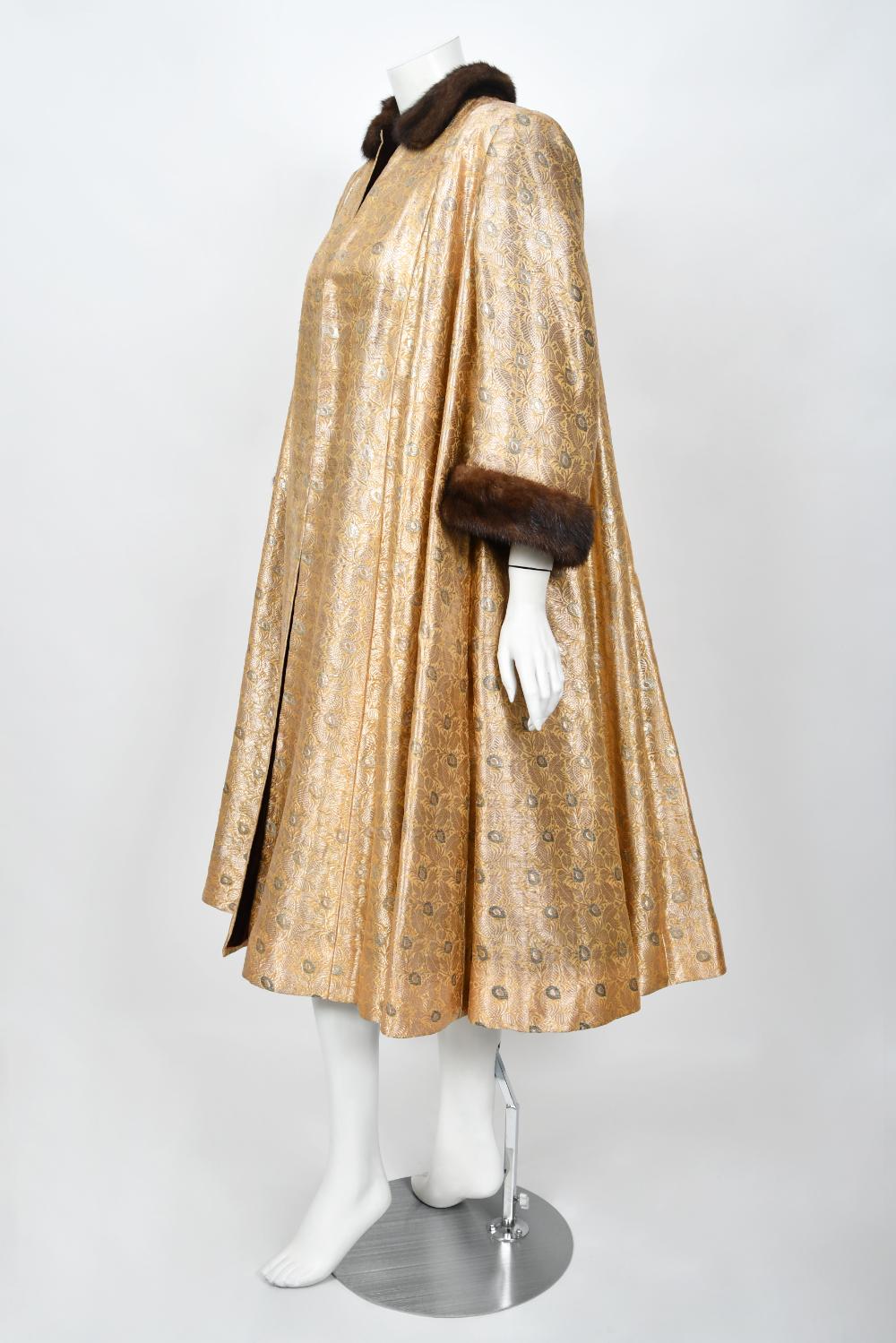 1949 Traina-Norell Couture Vogue Documented Metallic Gold Silk & Mink Swing Coat For Sale 1