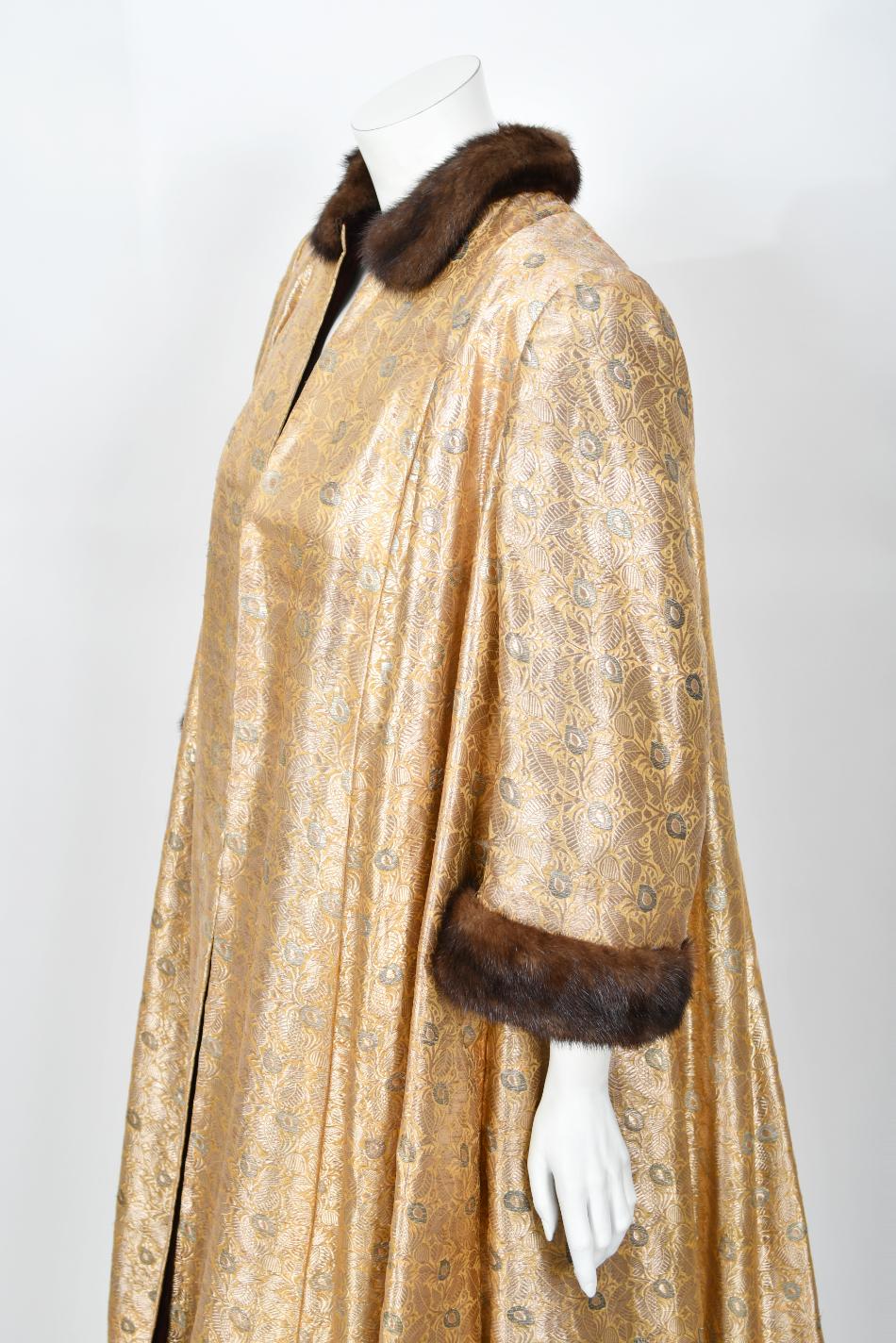 1949 Traina-Norell Couture Vogue Documented Metallic Gold Silk & Mink Swing Coat For Sale 2
