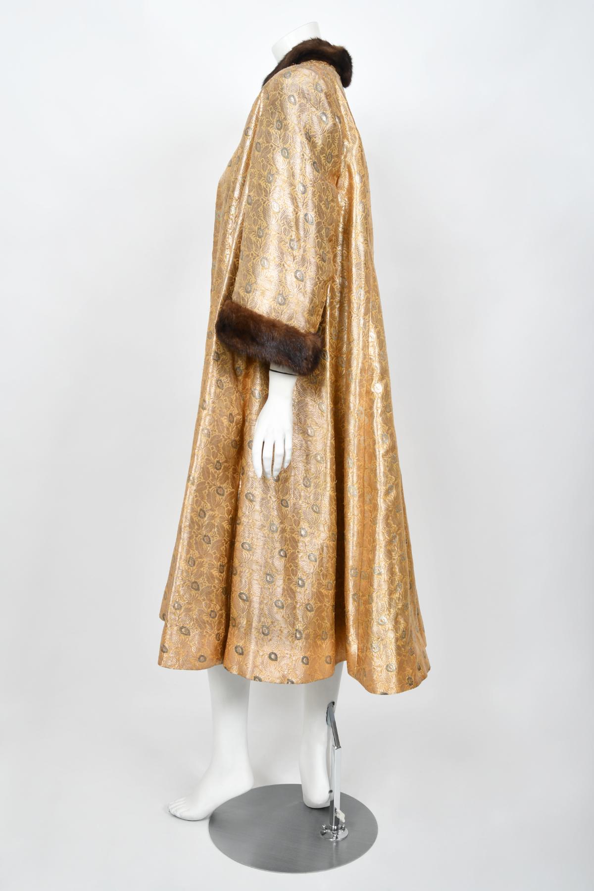 1949 Traina-Norell Couture Vogue Documented Metallic Gold Silk & Mink Swing Coat For Sale 5