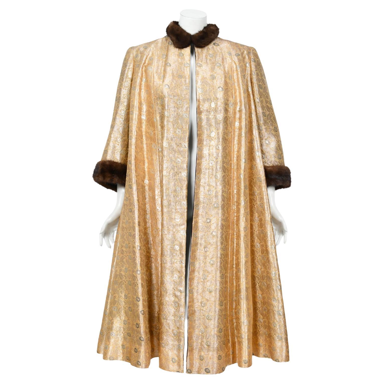 1949 Traina-Norell Couture Vogue Documented Metallic Gold Silk & Mink Swing Coat For Sale