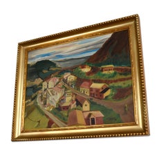 1949 Village in The Valley Folk Art Landscape Painting by M. Thompson