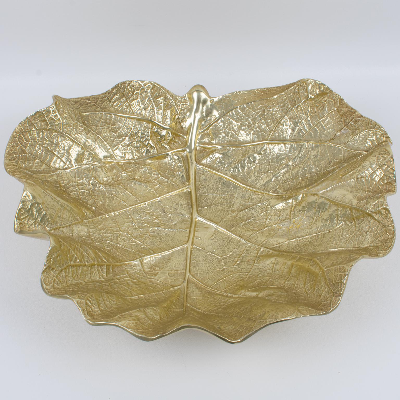 Mid-Century Modern Virginia Metalcrafters Large Sea Grape Leaf Brass Bowl Dish Centerpiece, 1949