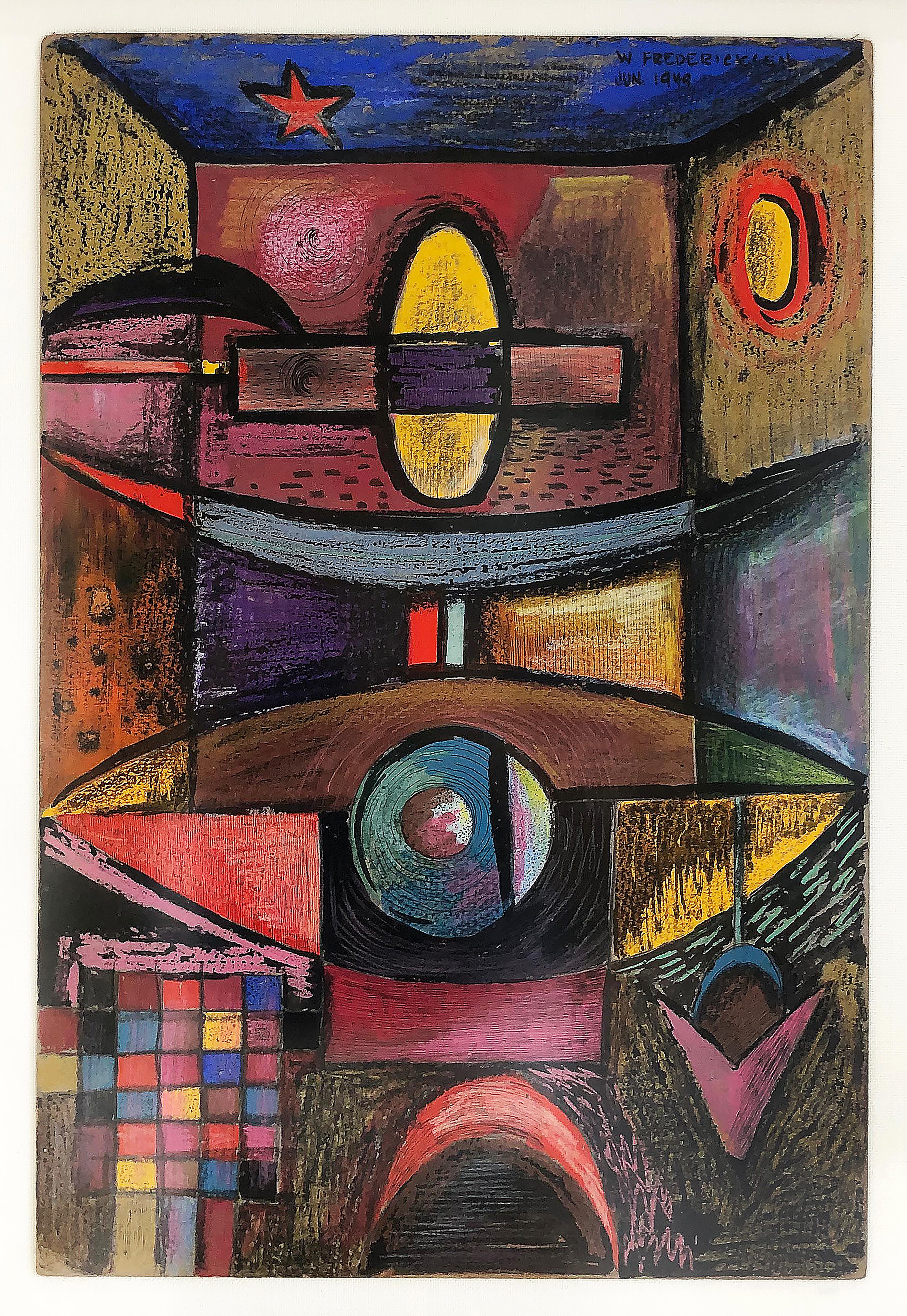 1949 W. Fredericks abstract cubist pastel drawing 

Offered for sale is an original 1949 W. Fredericks abstract Cubist mixed-media pastel drawing on paper with color pencil. The drawing is bold and colorful. The work floats on a mat and is displayed