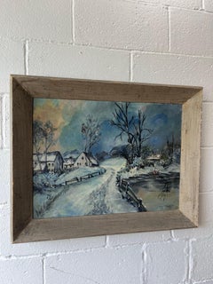 Peinture à l'huile d'un paysage de village d'hiver de 1949 par Kathryn M. I. Cronin