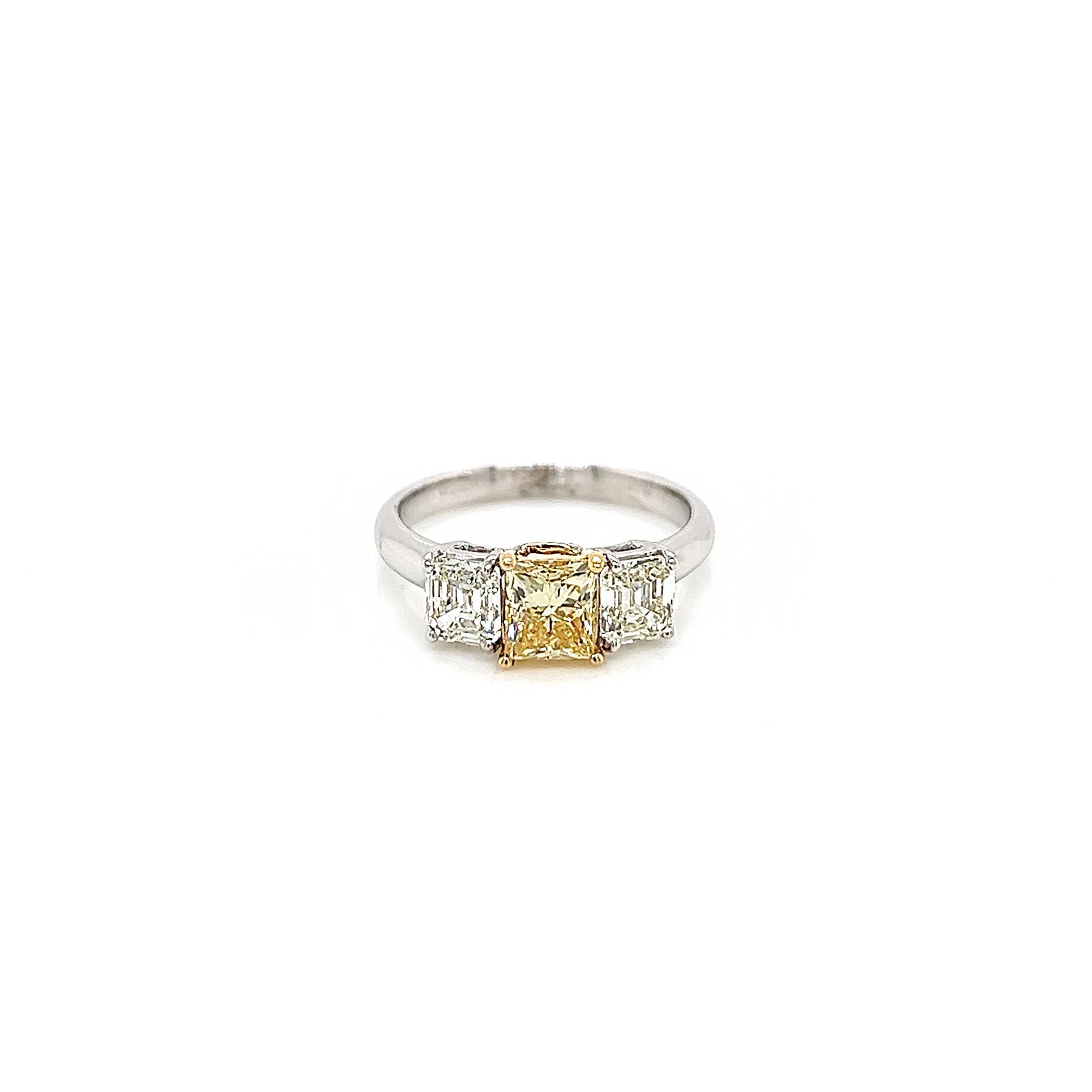 1.94 Total Carat Fancy Yellow Diamond Three Stone Ladies Engagement Ring. GIA Certified.

