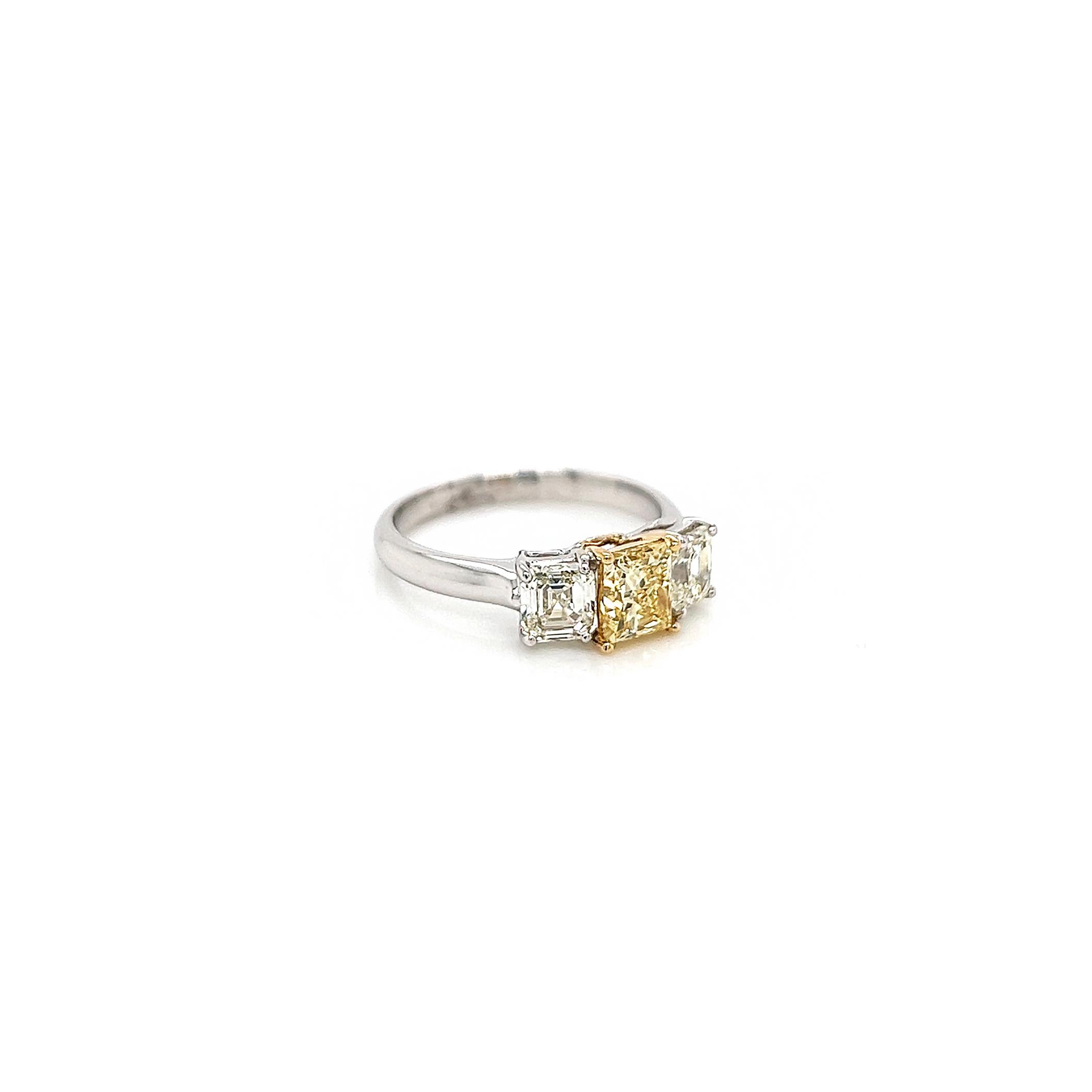 Princess Cut 1.94 Total Carat Fancy Yellow Diamond Three Stone Ladies Engagement Ring GIA For Sale