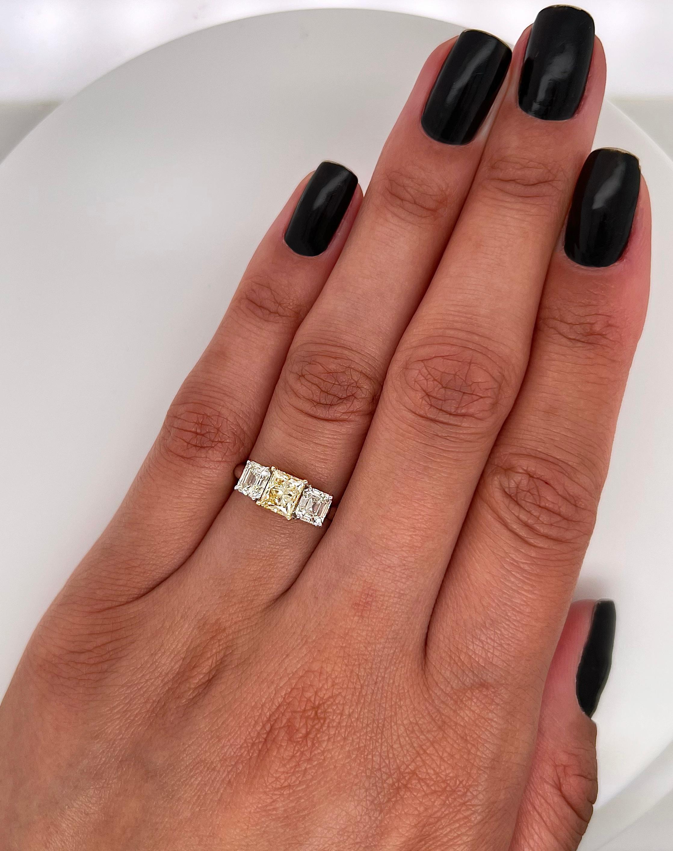 Women's or Men's 1.94 Total Carat Fancy Yellow Diamond Three Stone Ladies Engagement Ring GIA For Sale