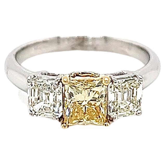 1.94 Total Carat Fancy Yellow Diamond Three Stone Ladies Engagement Ring GIA For Sale