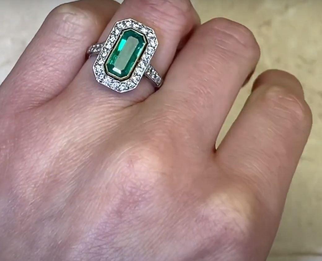 1.94ct Emerald Cut Natural Emerald Cocktail Ring, Diamond Halo, Platinum 5