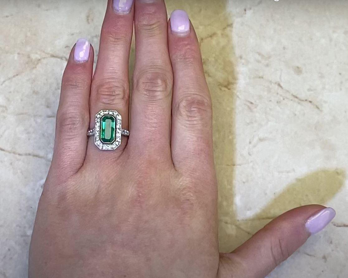 1.94ct Emerald Cut Natural Emerald Cocktail Ring, Diamond Halo, Platinum 6