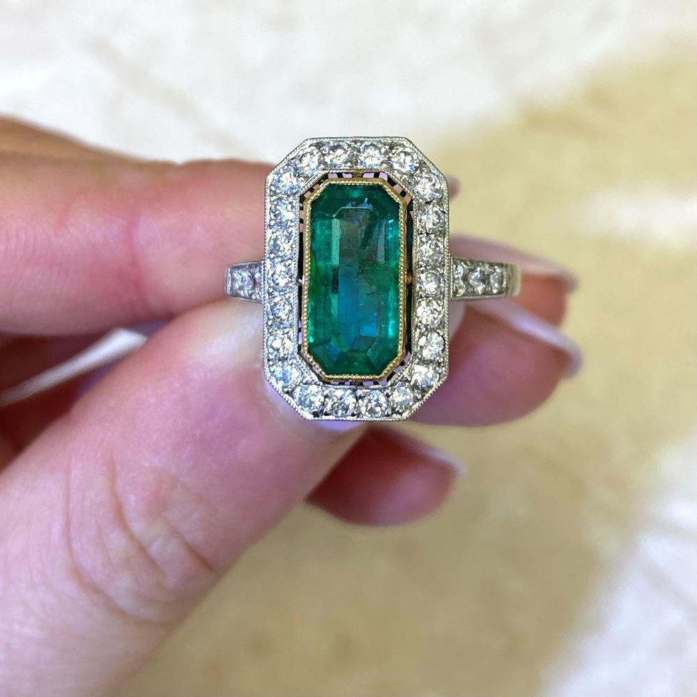 1.94ct Emerald Cut Natural Emerald Cocktail Ring, Diamond Halo, Platinum 7