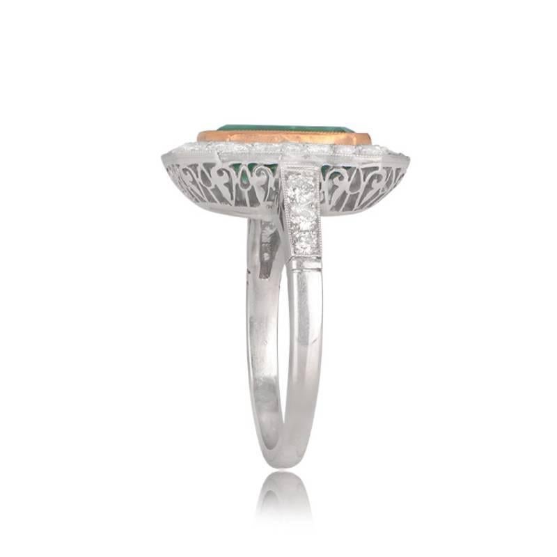 Art Deco 1.94ct Emerald Cut Natural Emerald Cocktail Ring, Diamond Halo, Platinum