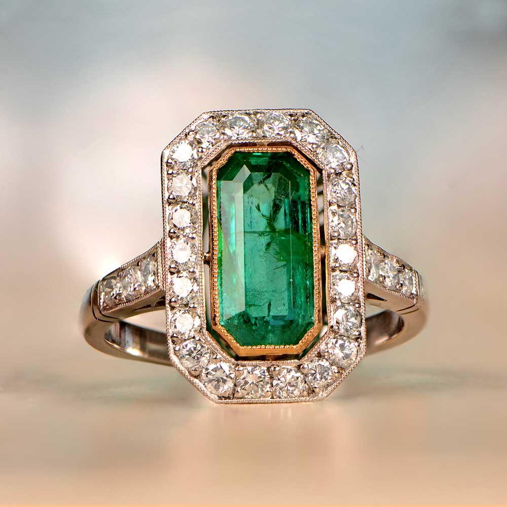 Women's 1.94ct Emerald Cut Natural Emerald Cocktail Ring, Diamond Halo, Platinum