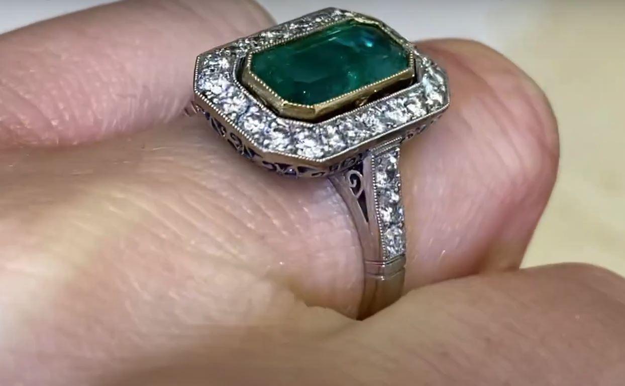 1.94ct Emerald Cut Natural Emerald Cocktail Ring, Diamond Halo, Platinum 3