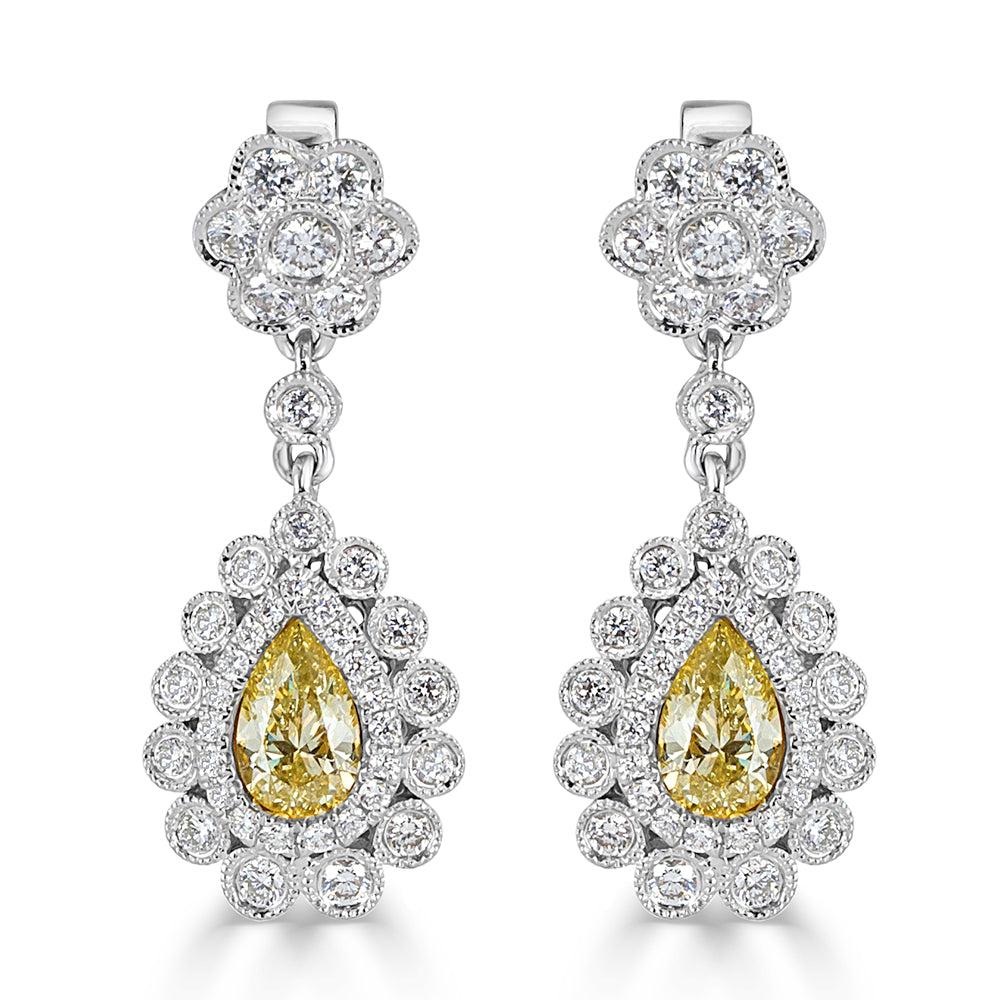 1.94ct Round Brilliant Cut and Fancy Yellow Pear Shaped Dangle Diamond Earrings
