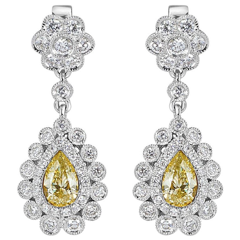 1.94ct Round Brilliant Cut and Fancy Yellow Pear Shaped Dangle Diamond Earrings