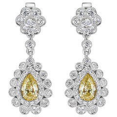 1.94ct Round Brilliant Cut and Fancy Yellow Pear Shaped Dangle Diamond Earrings