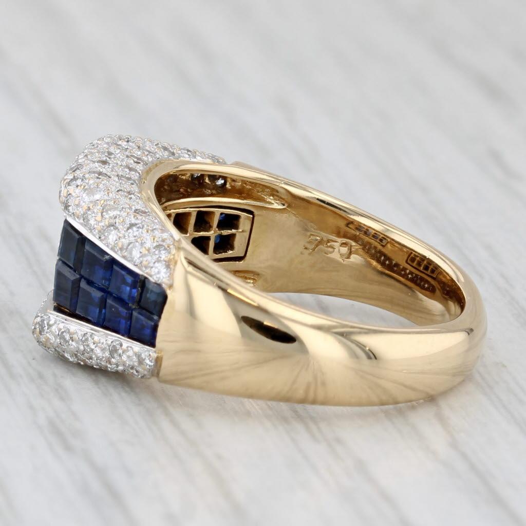 Gemstone Information:
- Natural Sapphires -
Total Carats - 1.04ctw
Cut - Trapezoid & Square
Color - Dark Blue
Treatment - Heated

- Natural Diamonds -
Total Carats - 0.48ctw
Cut - Princess Brilliant
Color - H
Clarity - VS2

- Natural Diamonds
