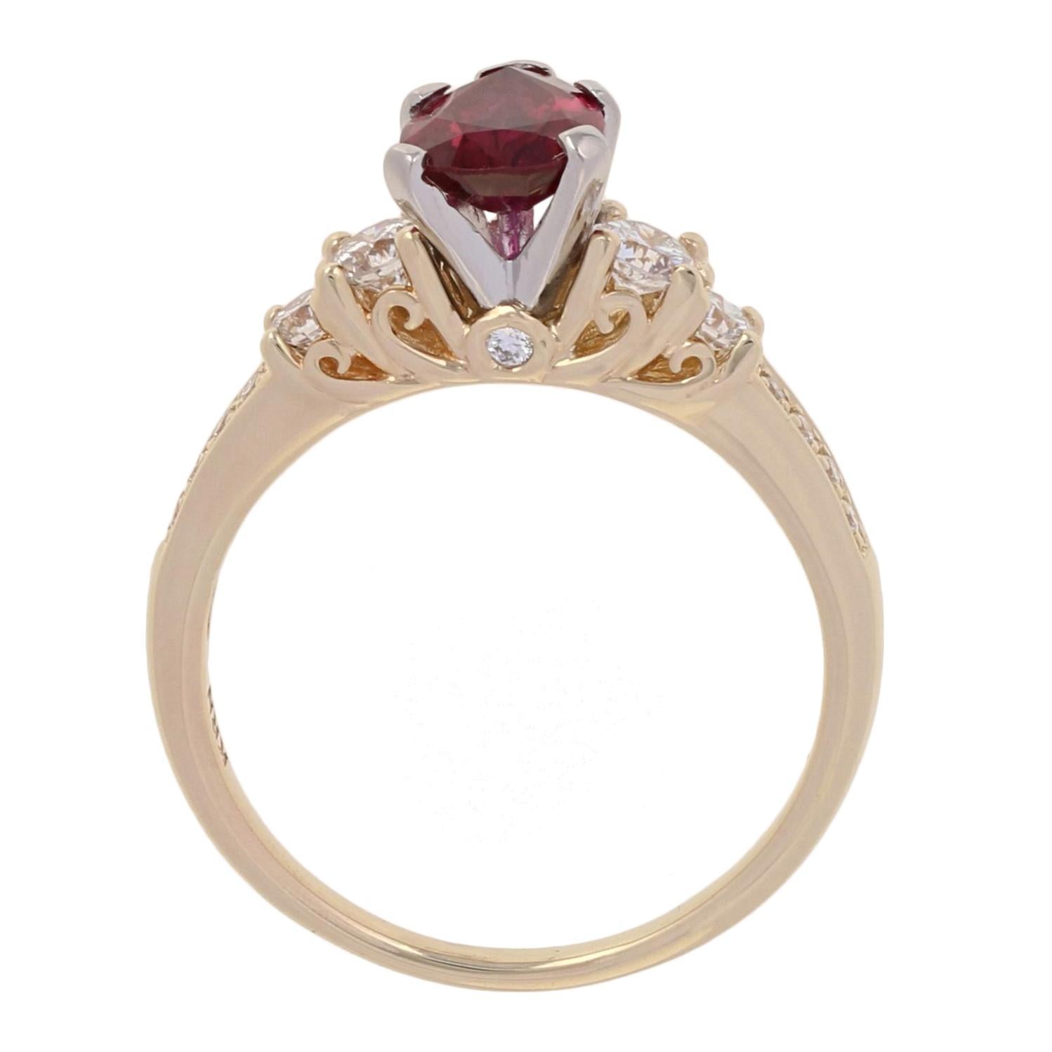 Women's 1.94 Carat Pear Cut Ruby and Diamond Ring, 14 Karat Yellow Gold GIA Engagement
