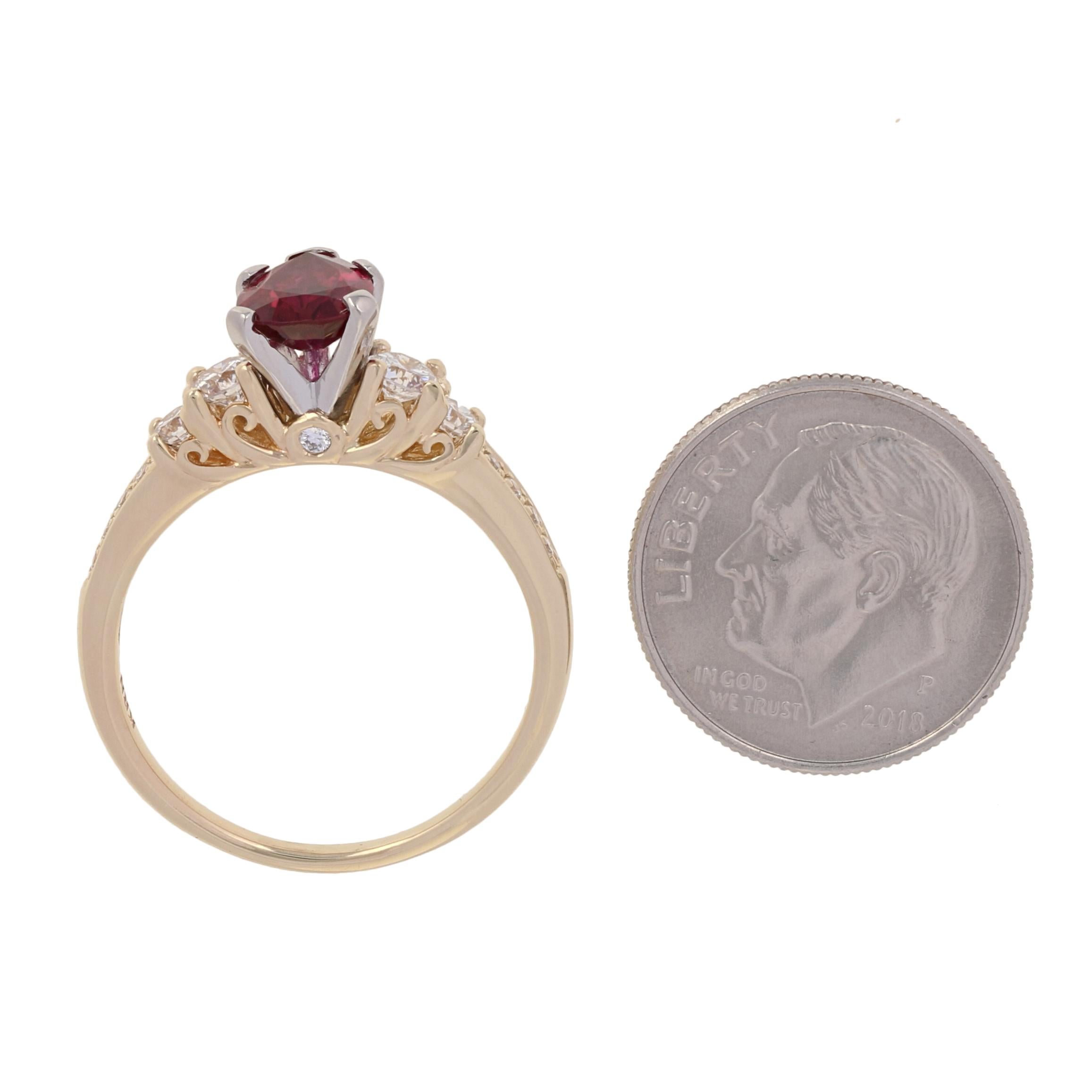 1.94 Carat Pear Cut Ruby and Diamond Ring, 14 Karat Yellow Gold GIA Engagement 3