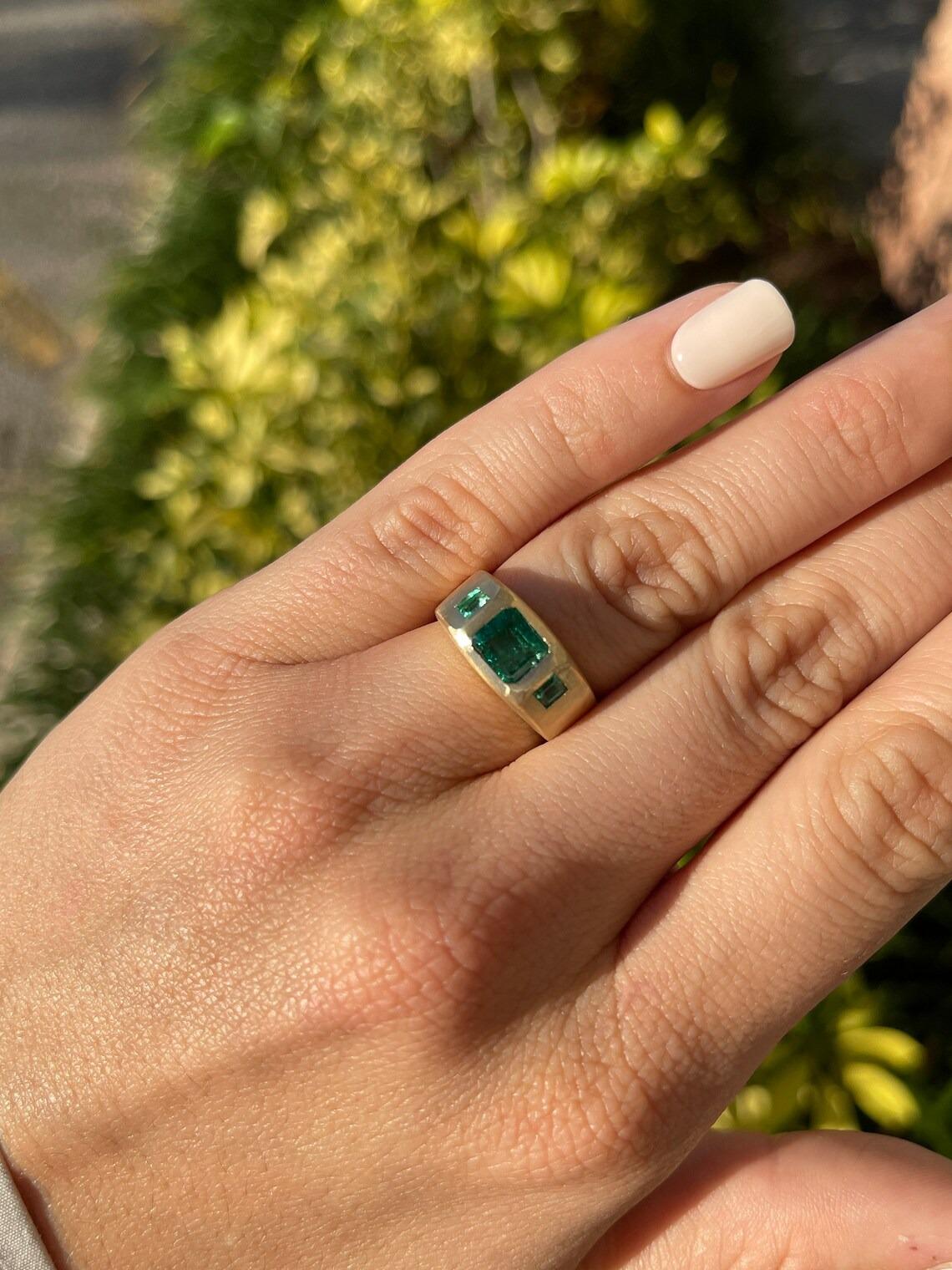 Women's or Men's 1.94tcw 14K Asscher Cut & Princess Cut Emerald 3 Stone Matte Gold Finish Ring For Sale