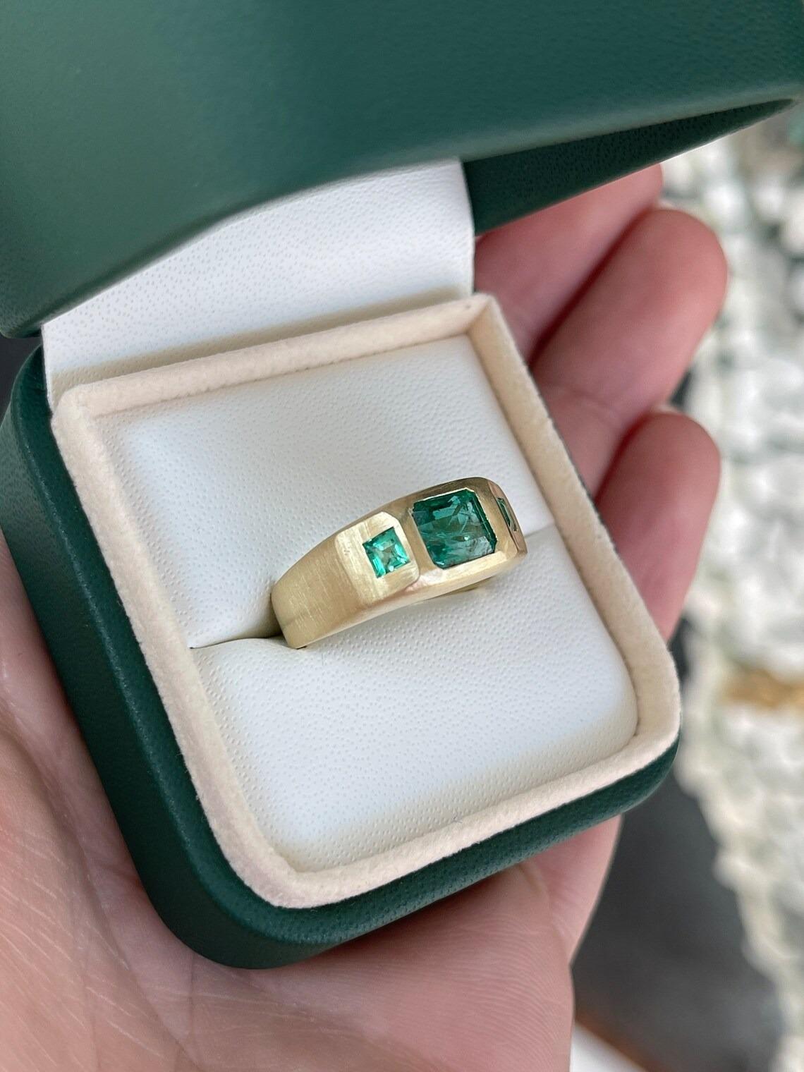 1.94tcw 14K Asscher Cut & Princess Cut Emerald 3 Stone Matte Gold Finish Ring For Sale 2