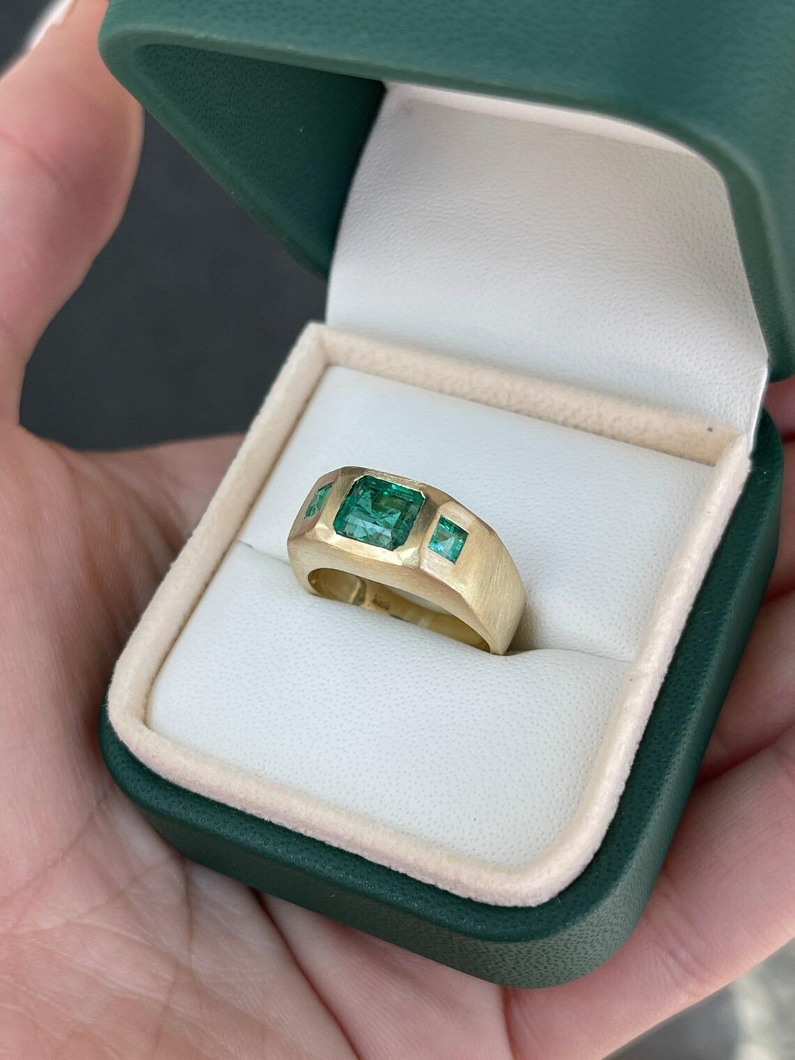 1.94tcw 14K Asscher Cut & Princess Cut Emerald 3 Stone Matte Gold Finish Ring For Sale 3