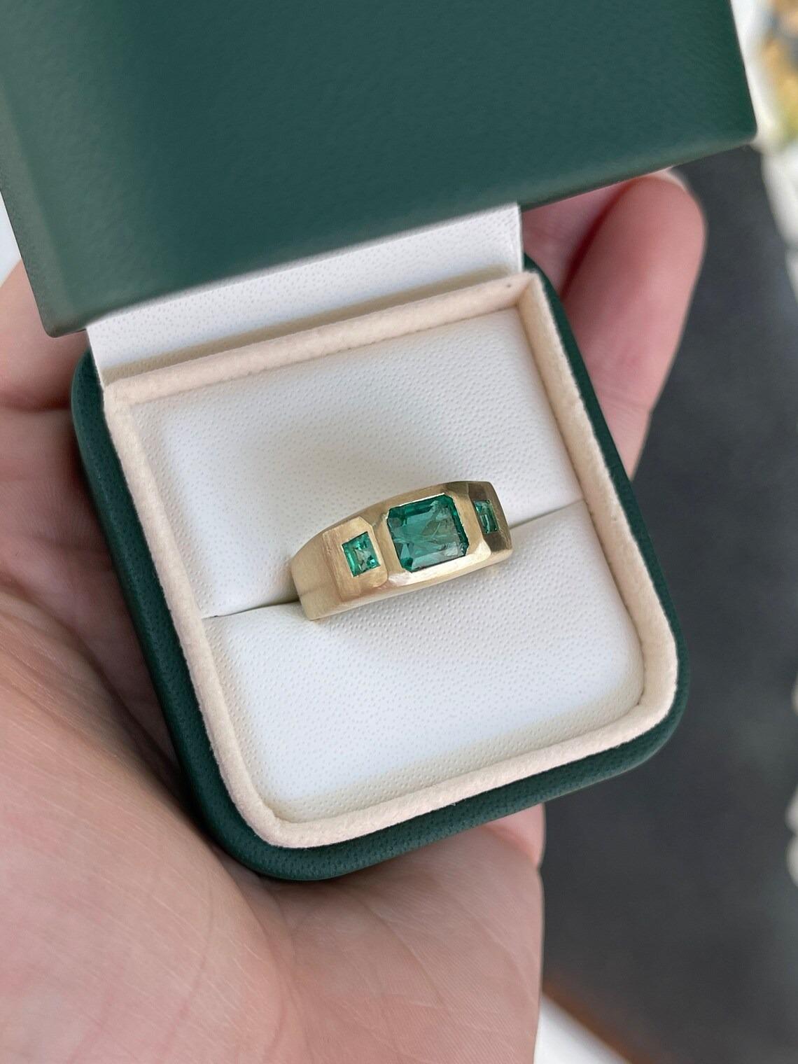 1.94tcw 14K Asscher Cut & Princess Cut Emerald 3 Stone Matte Gold Finish Ring For Sale 5