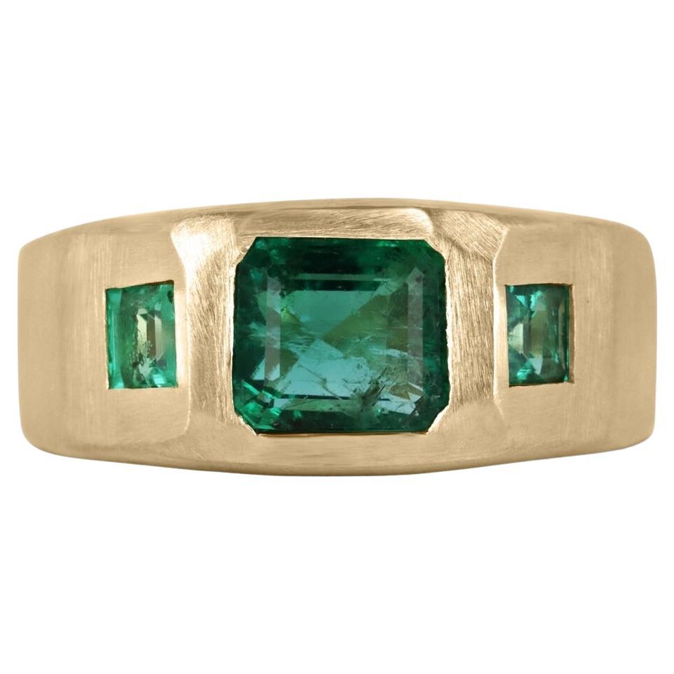 1.94tcw 14K Asscher Cut & Princess Cut Emerald 3 Stone Matte Gold Finish Ring For Sale