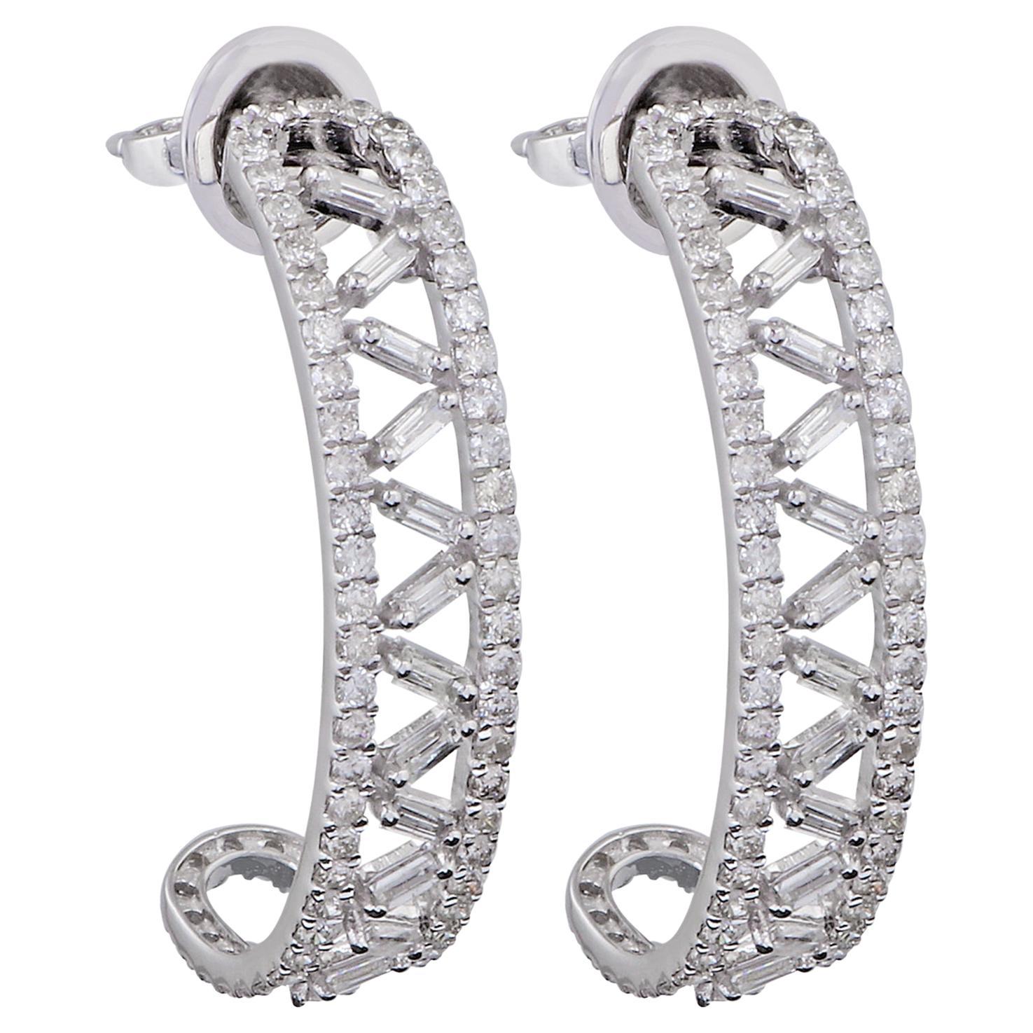 1.95 Carat Baguette Diamond Half Hoop Earrings 18 Karat White Gold Fine Jewelry For Sale