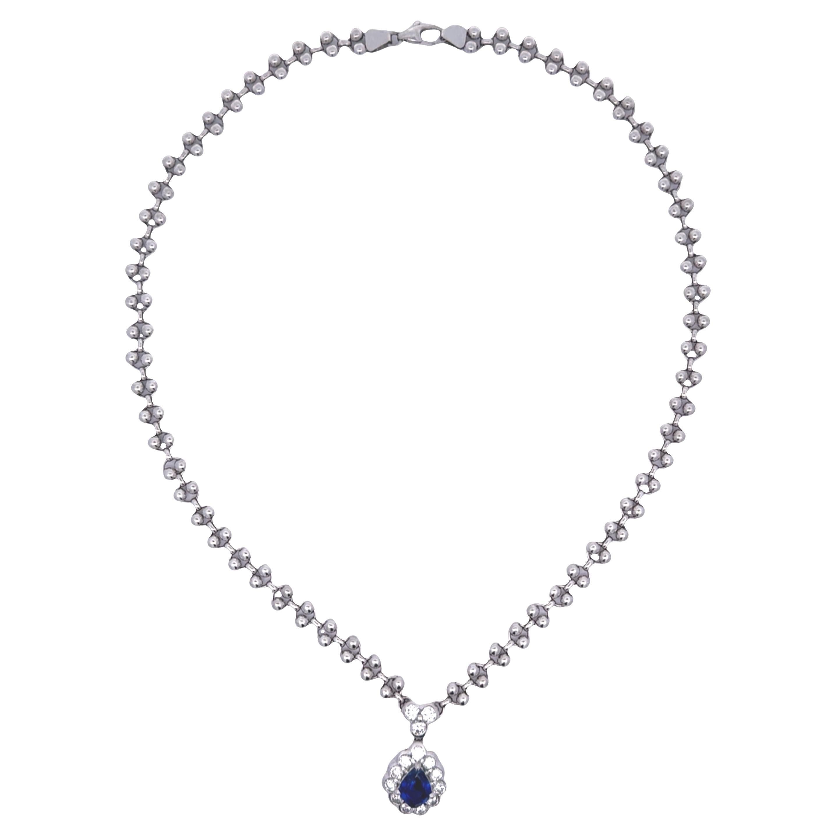 1.95 Carat Blue Sapphire Diamond Platinum Halo Necklace